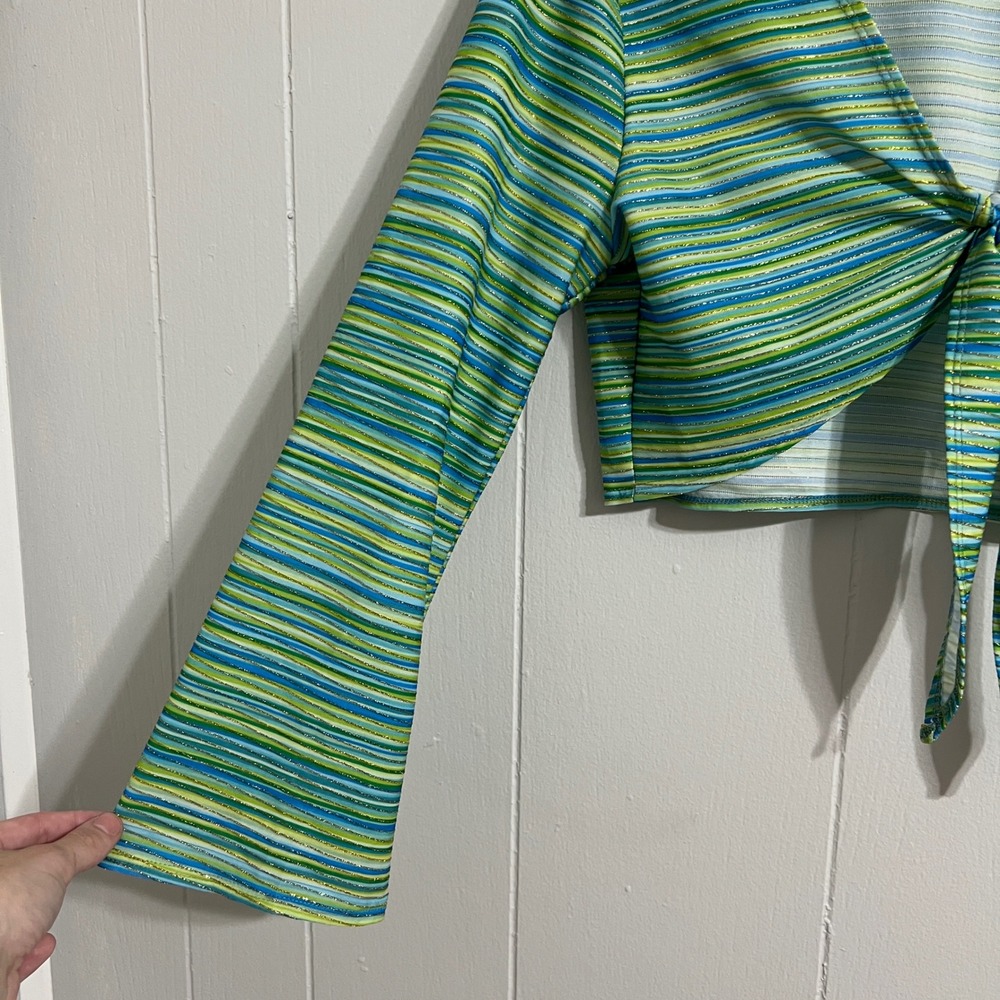 Vintage 90s No Boundaries M Tie Front Crop Top Long Sleeve Striped Sparkle Y2K - Picture 6 of 7